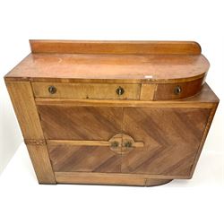 Art Deco oak sideboard, raised shaped back, two drawers above two cupboards, platform base