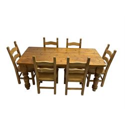 Traditional pine dining table, rectangular top with rounded corners, raised on turned supports (W83cm D90cm H77cm); and set six light oak dining chairs, waived ladder back over panelled seat (W48cm H100cm)