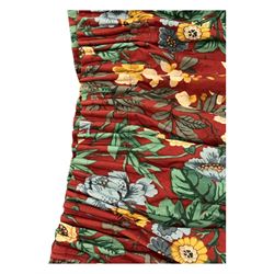 Two pairs of mid-20th century Liberty 'Fintry' gathered curtains, designed with floral and foliage motifs on a rich red ground with contrasting green panels