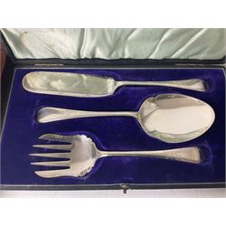 Silver plated soup tureen, with cover and ladle, together with three sets of cased silver plated cutlery including mother of pearl dessert knives and forks, salad servers and coffee spoons