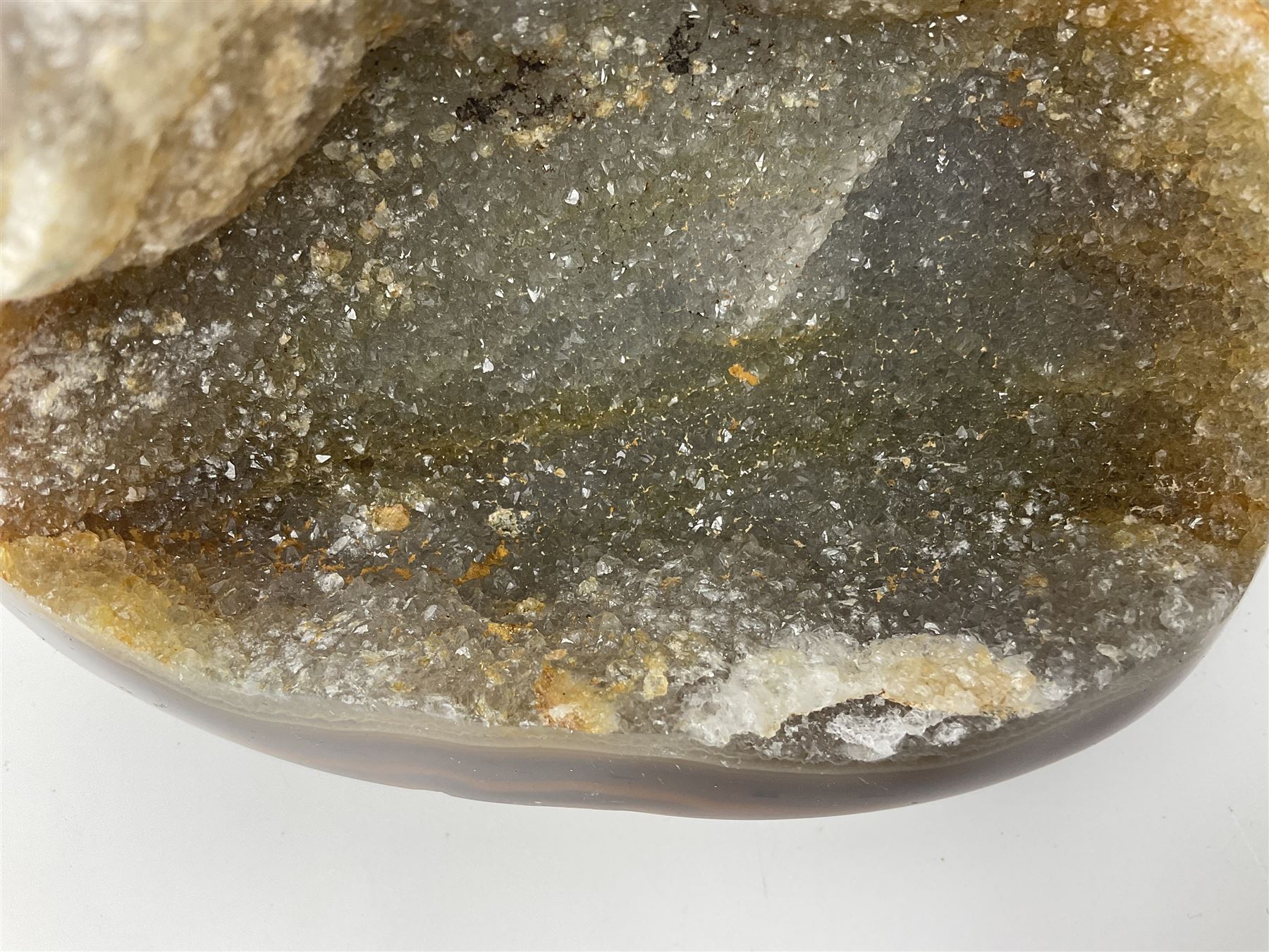 Agate crystal geode cluster, with crystals to the centre, in brown and grey tones, H7cm 