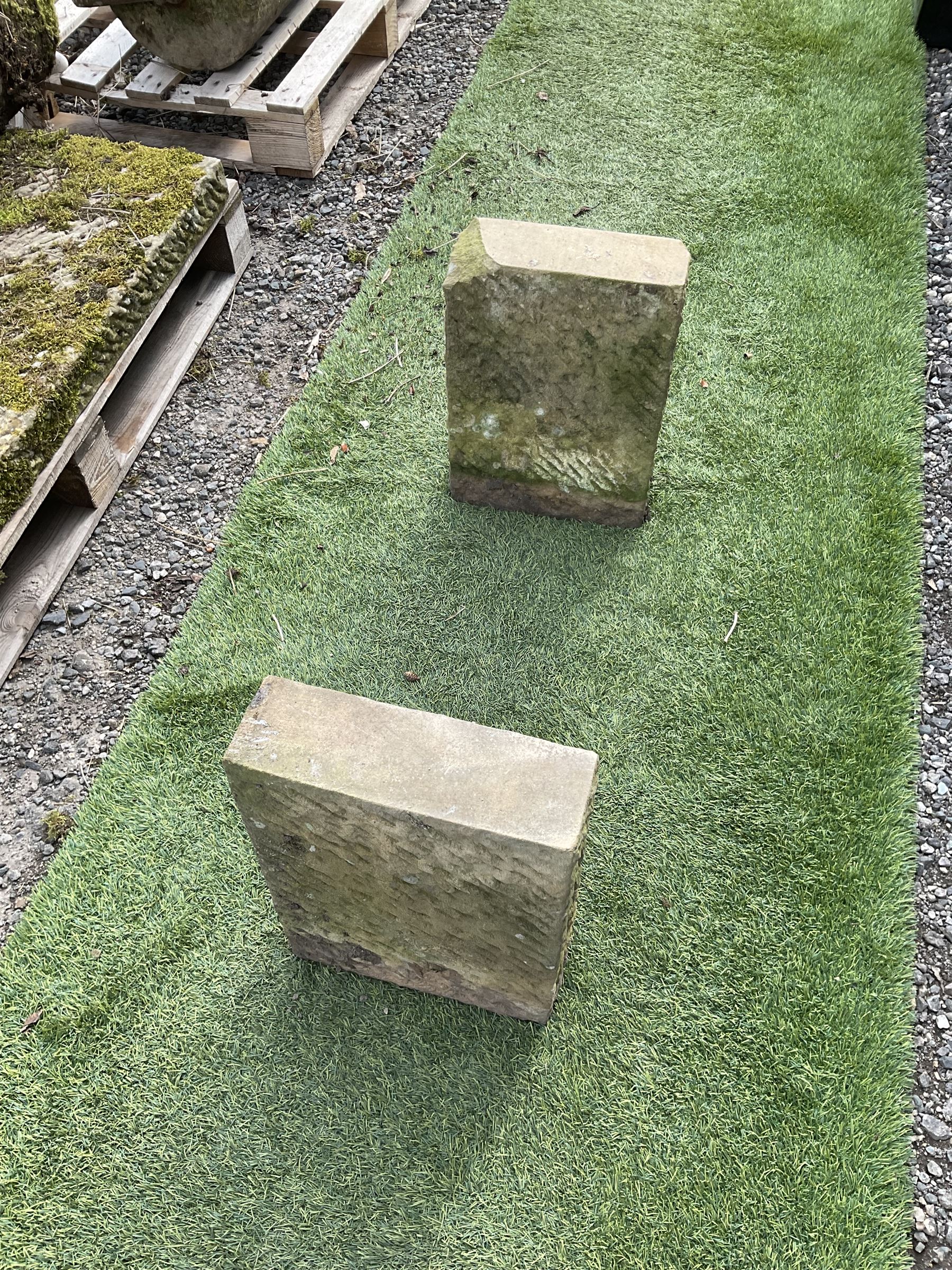 Weathered stone rectangular garden seat bench, three sections - THIS LOT IS TO BE COLLECTED BY APPOINTMENT FROM DUGGLEBY STORAGE, GREAT HILL, EASTFIELD, SCARBOROUGH, YO11 3TX