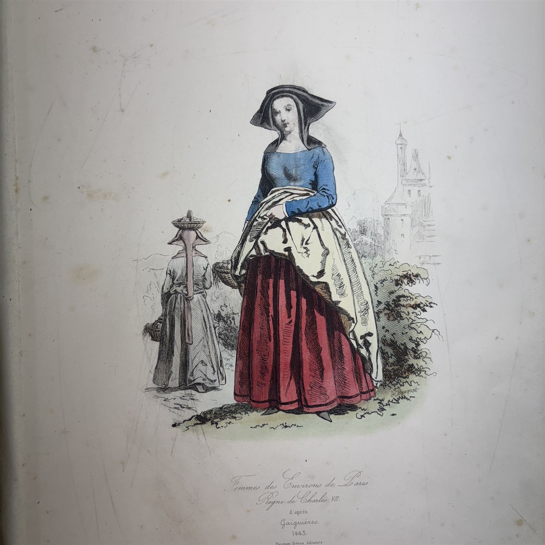 Modes et Costumes Historiques Français, Pauquet frères, Published by Bureaux des modes et des costumes historiques, circa 1900, colour plates, (lacking boards, title page and possibly a number of initial plates)