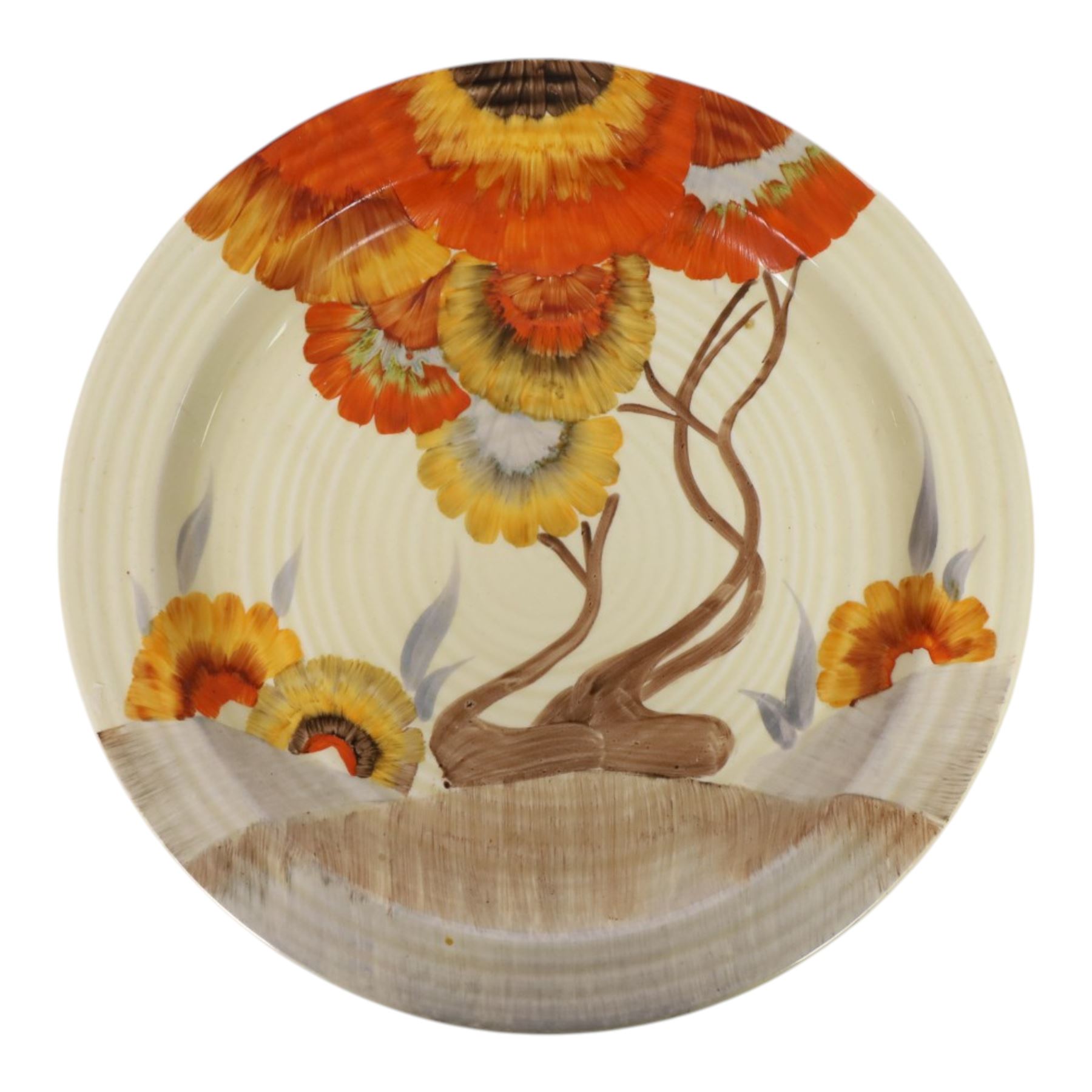 Clarice Cliff Viscaria patter coffee cup and saucer, hand painted with a stylised trees, together with Rhodanthe plate, with Bizarre and printed marks to base, plate D21cm