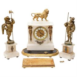 Late 19th century garniture comprising mantel clock in alabaster case and pair of mantel ornaments