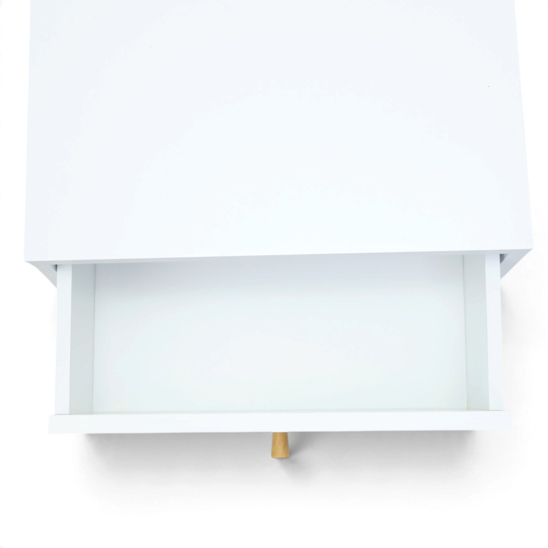 Contemporary pair of white single drawer bedsides, raised on tapering light wood supports