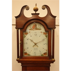  Early 19th century oak and mahogany banded longcase clock, hood with swan neck pediment with turned finial, enamel dial painted with flowers and maiden in garden scene, signed 'W. Raw, Whitby', 30-hour movement striking on bell, H221cm  