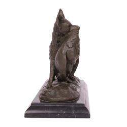 Composite figure of a fox with a pheasant in his mouth, upon a stepped marble base, H23cm, L28cm