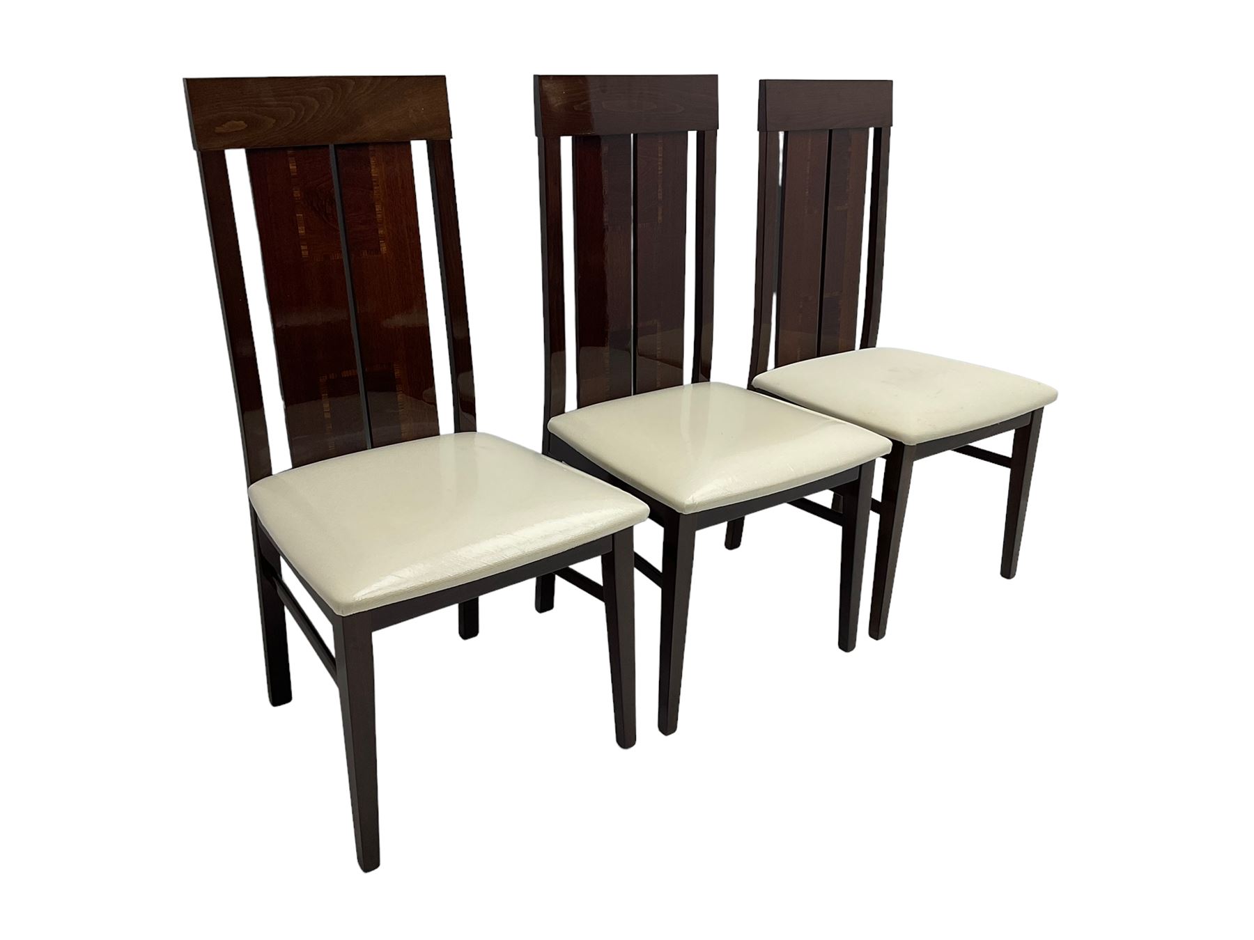 Large American walnut rectangular dining table on square block supports, together with set eight high back dining chairs with cream upholstered seats, the top and chair backs with matching inlaid geometric banding