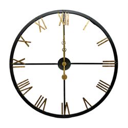 Distressed black and brushed gold metal skeleton station clock, D83cm