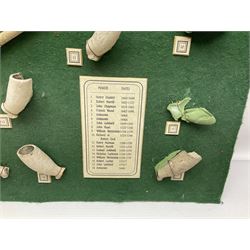 Annotated display board of clay pipes; rootwood walking stick and Yorkshire CCC signed cricket bat 2001