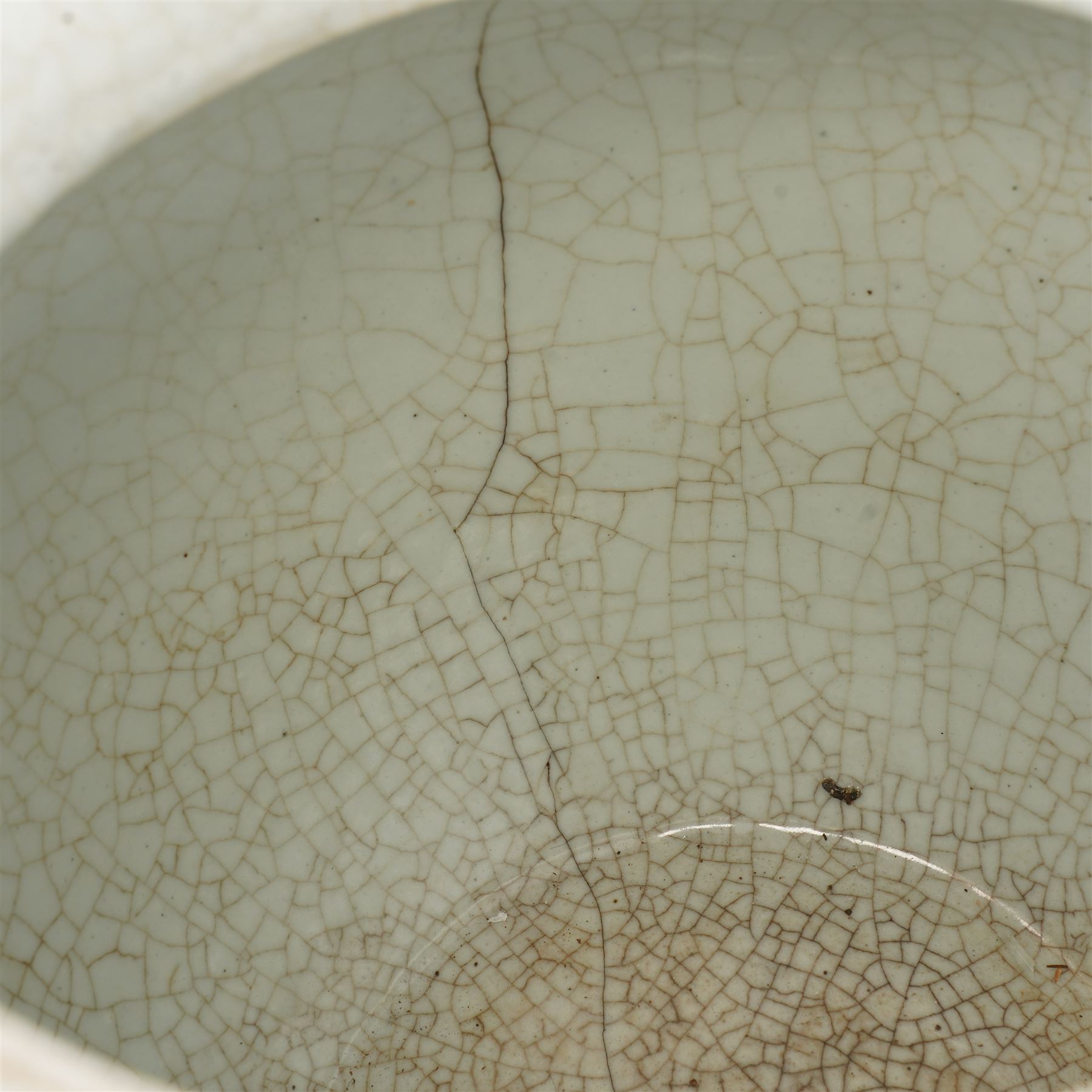 Late 19th century Chinese famille verte crackled ice pot and cover, of ovoid form, decorated with birds, blossom and bamboo, the cover with handle formed as a root, with hardwood display stand H50cm