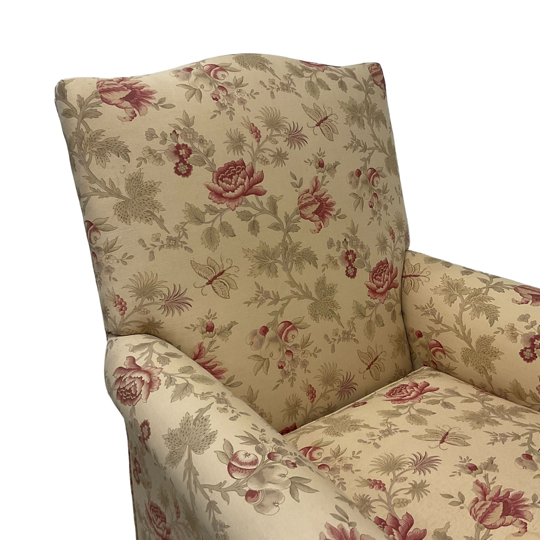 Peter Dudgeon - Georgian design mahogany framed armchair, shaped cresting rail over sprung back and seat flanked by rolled arms, upholstered in floral patterned fabric with matching seat cushion, on square supports joined by stretchers
Provenance: From the Estate of the late Dowager Lady St Oswald