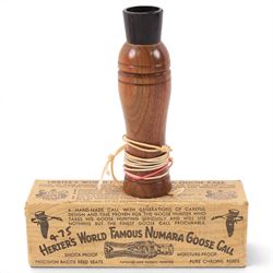 Three Herter's World Famous bird calls, comprising Pheasant Flusher, Self Blowing Duck Call and Numara Goose call, all boxed