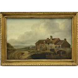 Continental School (18th century): Riverside Buildings with Cattle Grazing, oil on canvas unsigned 25cm x 38cm
