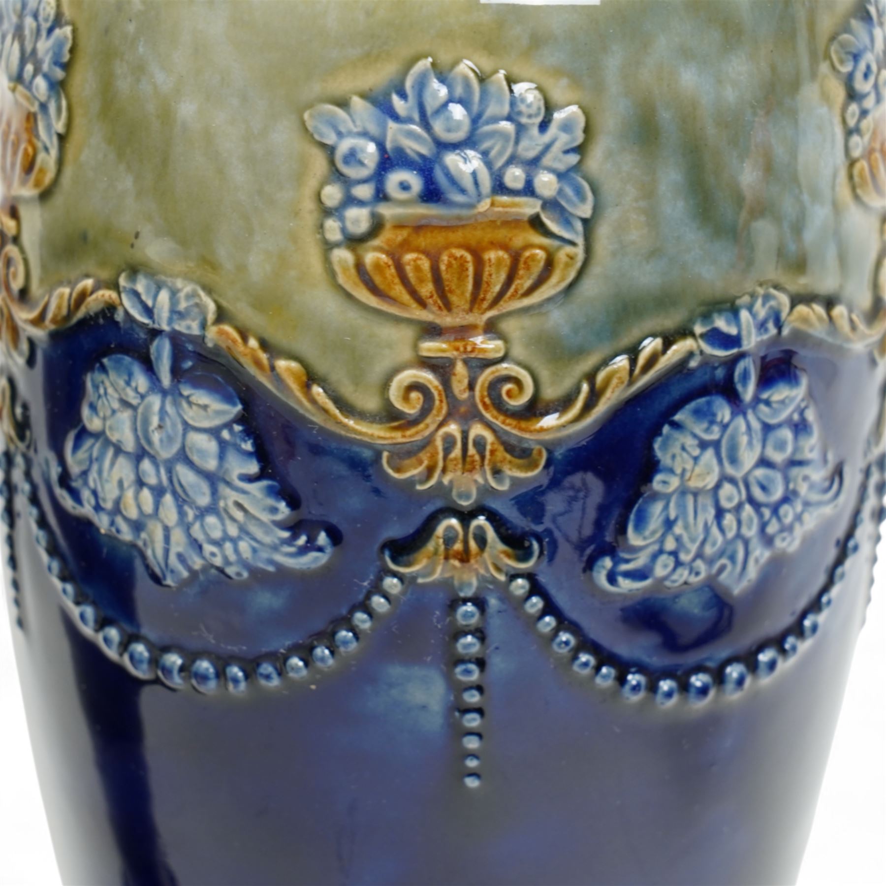 Pair of Royal Doulton stoneware vases, of baluster form, each with raised swag decoration, impressed marks to base with incised initials 'LB', numbered 6698, H29cm