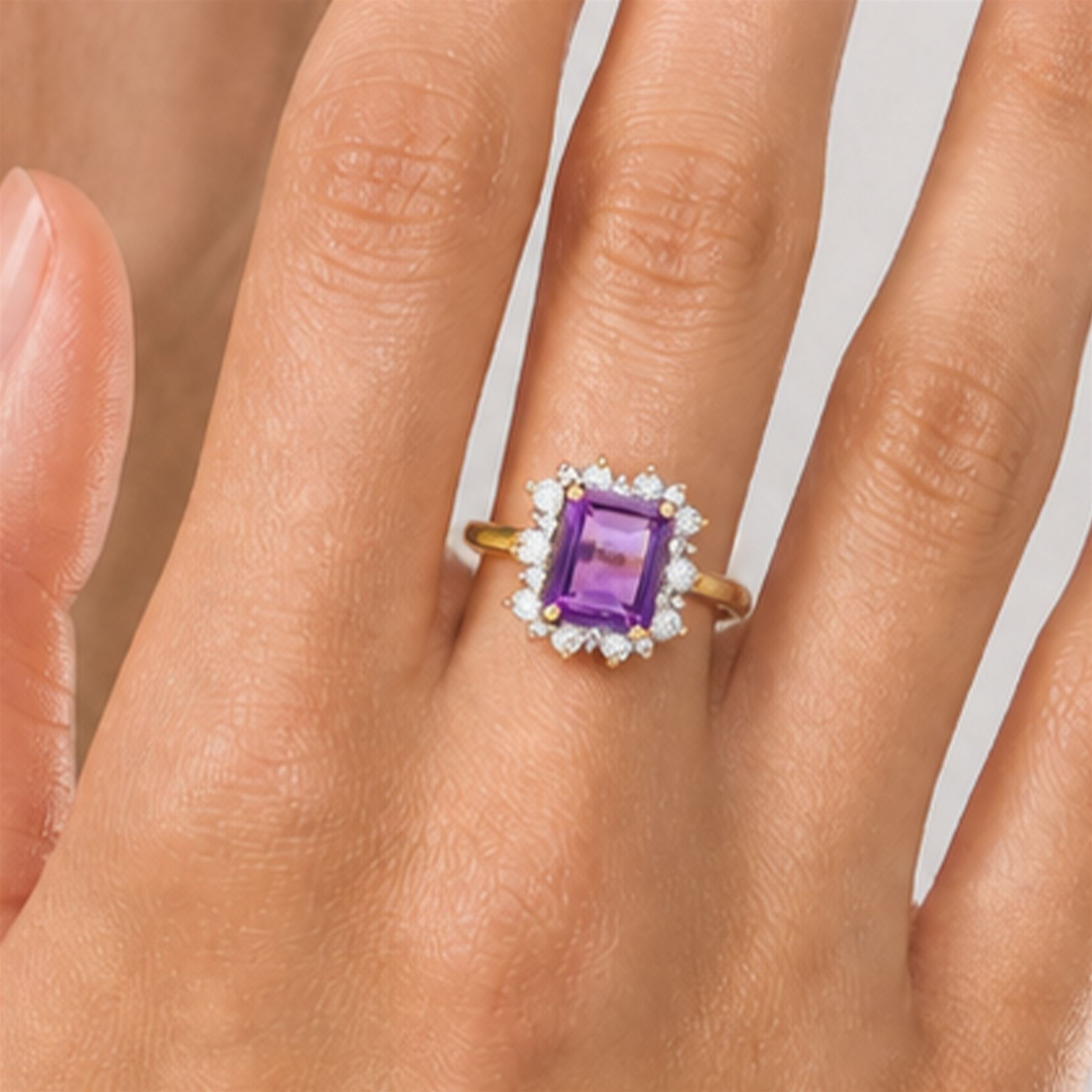 9ct gold amethyst and cubic zirconia cluster ring, hallmarked