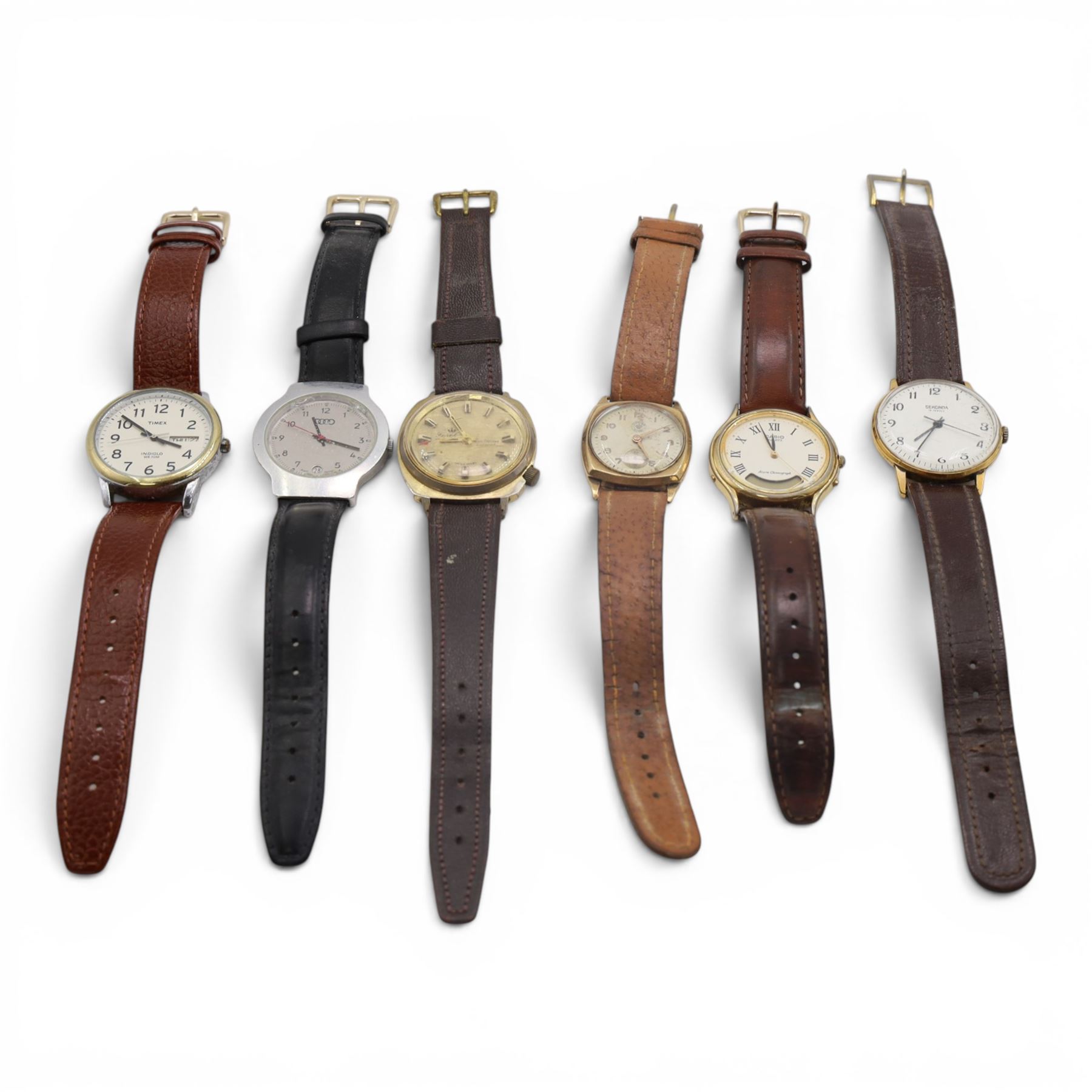 Six gentleman's wristwatches, including 9ct gold cased Corona example, Casio, Ferel, Timex etc