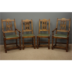  'Swanman' set four (2+2) dining chairs, with Yorkshire Rose carved backs, seats upholstered in green leather with studded detail, Graham Duncalf of Bagby, Thirsk (ex Eagleman)  