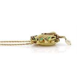  Igor Carl Faberge for Franklin Mint 14ct gold peacock watch pendant necklace, the peacock wings diamond, enamel and sapphire set, with a single suspended pearl, the back with hidden quartz watch, boxed