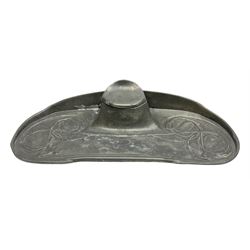 Archibald Knox (1864-1933) for Liberty & Co Tudric pewter inkwell, of shaped oval form with central lidded inkwell, cast with foliate tendrils, impressed beneath Tudric 0404, L22.5cm