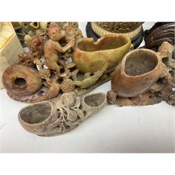 Collection of hardstone and soapstone, including hardstone seal carved temple dogs finial, inscription on base, together with inkwells, vases etc  