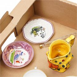 Sunderland lustre saucer dish by Dawson & Co, collection of 19th century teaware decorated with mother and child scenes after Adam Buck, 19th century nursery plate, 19th century style Satyr mask jug but later, etc