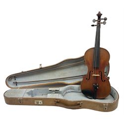Mid-19th century German violin with 36cm two-piece maple back and ribs and spruce top, bears label 'Riccardo Antoniazzi Cremonese fece in Milano l'anno 1896' L59.5cm overall; in walnut case with two part bows