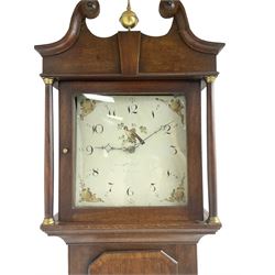 John Holt of Newark - 19th century 30-hour mahogany longcase clock c 1820, with a swans neck pediment and ball and spire finial, square hood door with detached pilasters, trunk with full length door on a rectangular plinth with applied skirting, painted dial with Arabic numerals, painted spandrels depicting fruit and a bird of paradise to the centre, with original matching steel hands, chain driven count wheel striking movement, striking the hours on a bell. With weight and pendulum.