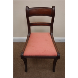  Set four Regency mahogany dining chairs, curved cresting rail, upholstered drop in seat, shaped supports, W49cm  