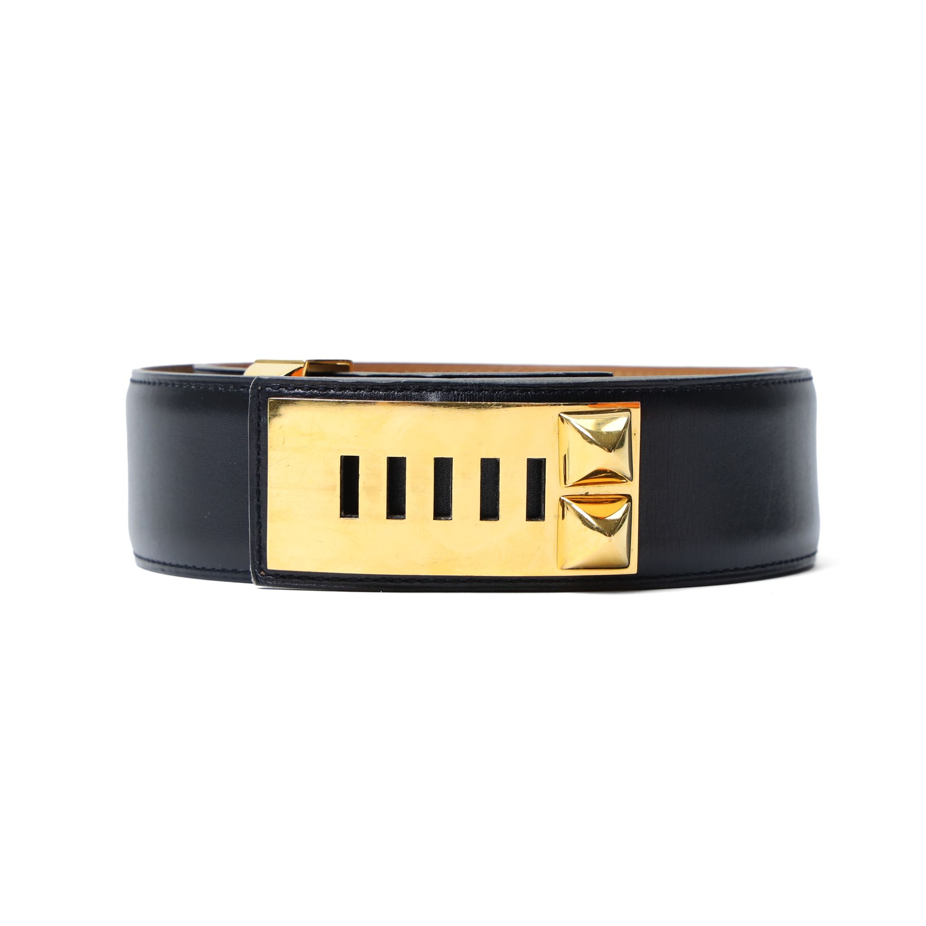 Hermès - ‘Collier de Chien 50’ black leather belt, with yellow gold-tone pyramid stud and hardware, size 80, with original box