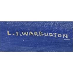 Leslie I Warburton (British 1917-2014): Cityscape with Figures and Lake District Landscape, watercolour and oil on board, respectively; Joan M Pook (British 1927-2011): Figures Walking Down Woodland Path, acrylic on board signed max 35cm x 46cm (3) (unframed)