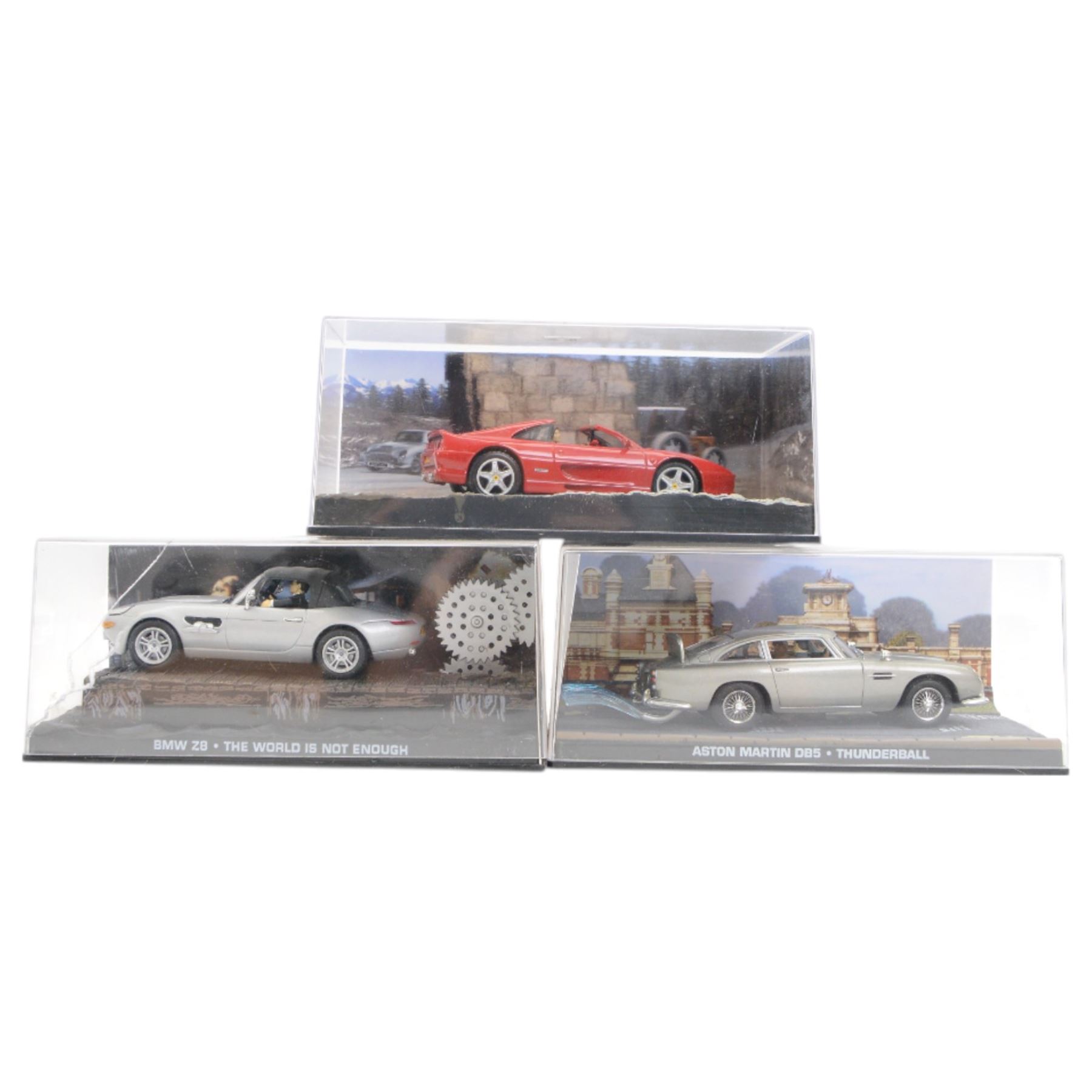 Thirteen Eaglemoss/Fabbri James Bond 007 diecast cars, including Lotus Esprit, Toyota 2000GT, Jaguar XKR, Aston Martin DBS, etc, all in plastic display boxes