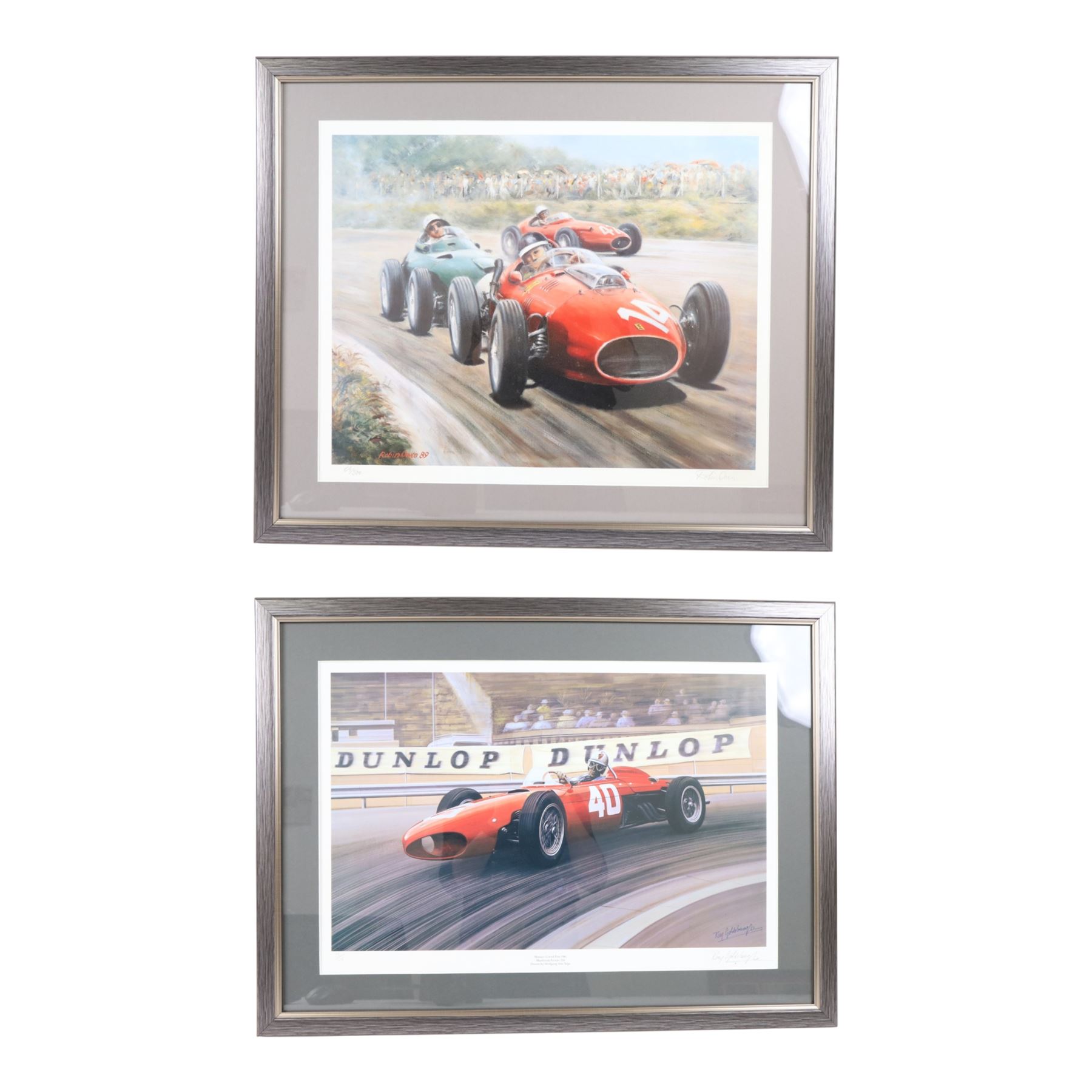 Two limited edition signed motor racing prints, the first by Ray Goldsborough depicting a Sharknose Ferrari 156 driven by Wolfgang Von Trips at the Monaco Grand Prix 1961, limited edition no. 36/475, the second by Robin Owen depicting a Sharknose Ferrari, limited edition no. 64/500, both numbered and signed by the artists, largest H56cm, W66cm