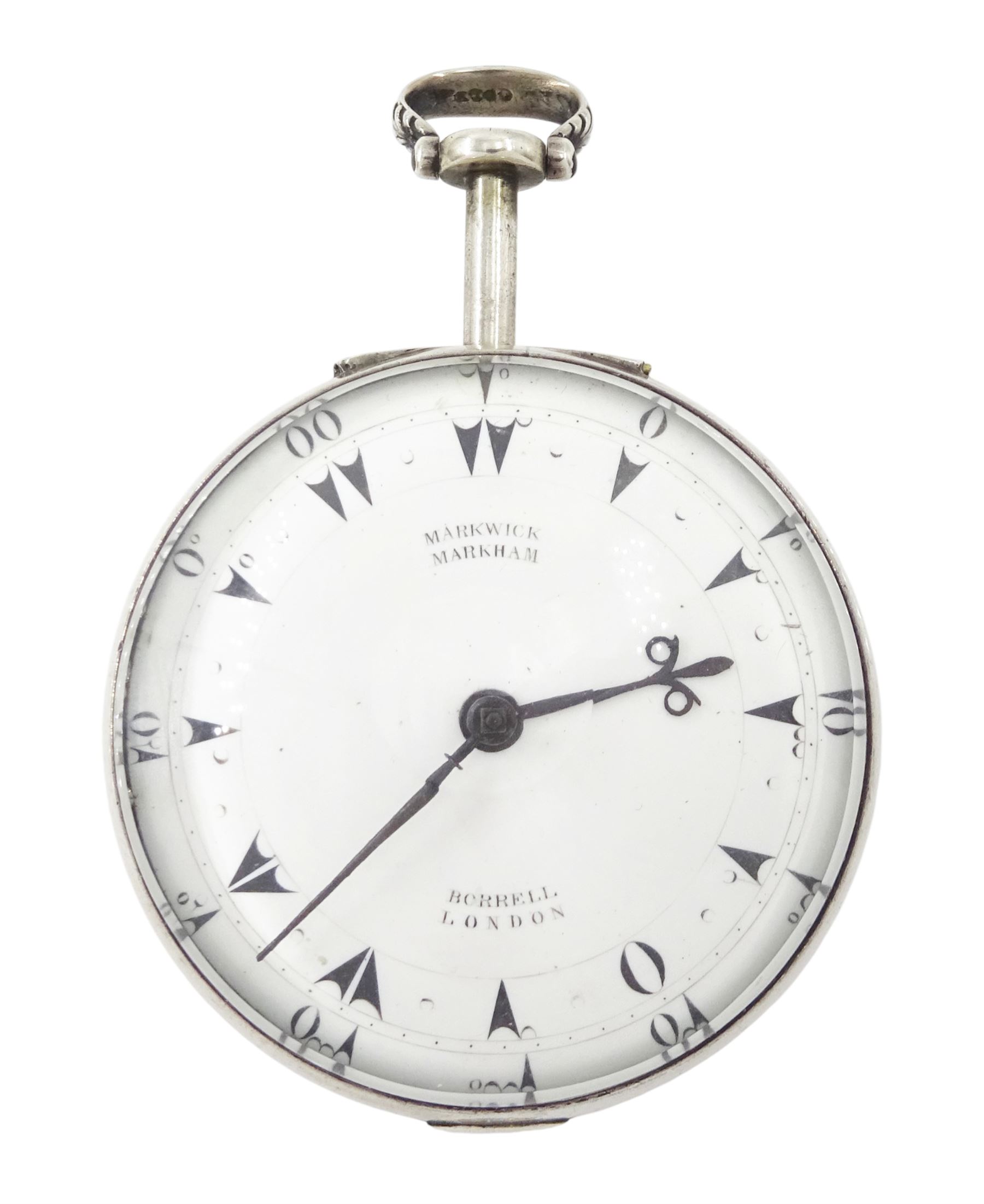 George III silver and gilt metal triple cased verge fusee pocket watch, for the Turkish market by Markwick Markham Borrell, London, No. 23209, ornate classical design pillars, pierced and engraved foliate balance cock, white enamel dial with Turkish numerals, bull's eye glass, the silver cases by James Richards, London 1804, the silver and gilt outer case decorated with green shagreen