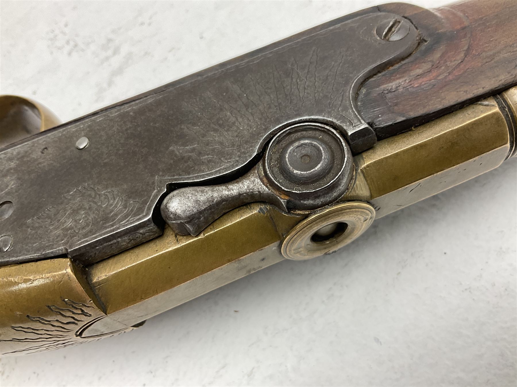 Late 18th century 7.2mm (approx. .28 calibre) Girandoni system single shot reservoir air rifle, the 62cm steel barrel with swivelling two-leaf rear sight, brass breech decorated with a sunburst and lever opening top loading, engraved steel lock-plates marked 'S. Gaskell' to the right side underneath the cocking lever, brass trigger guard,  leather covered steel butt reservoir of tapering conical form with brass ferrule and walnut fore-stock with horn mounts L107cm overall