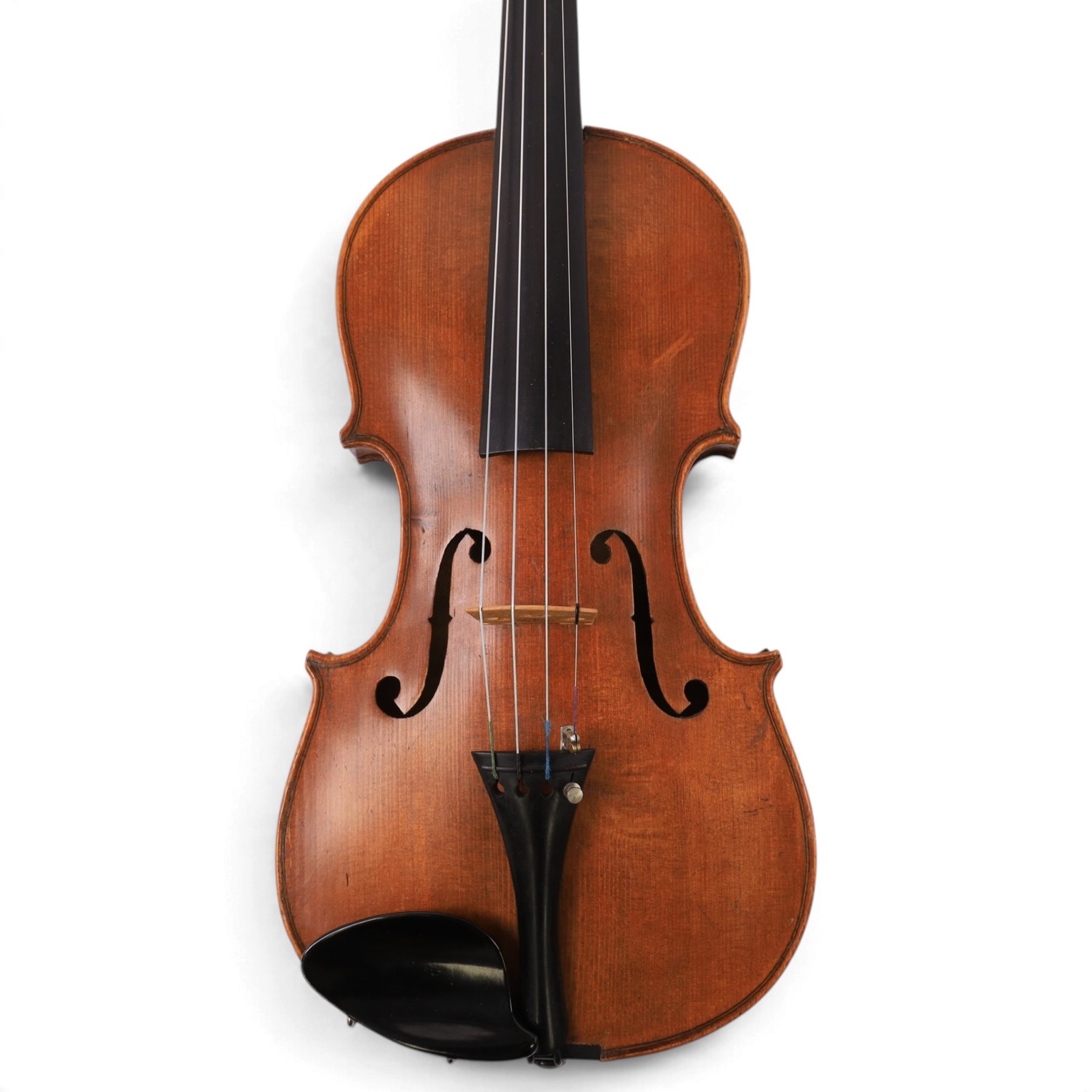 20th century French violin, with two piece back, ebonised fretboard and tuners, L60cm, with fitted hard case