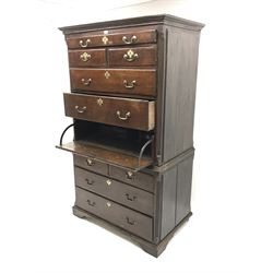 Early Georgian oak secretaire chest on chest, six long and four short graduating drawers, fall front drawer with fitted interior, canted and fluted corners, bracket feet