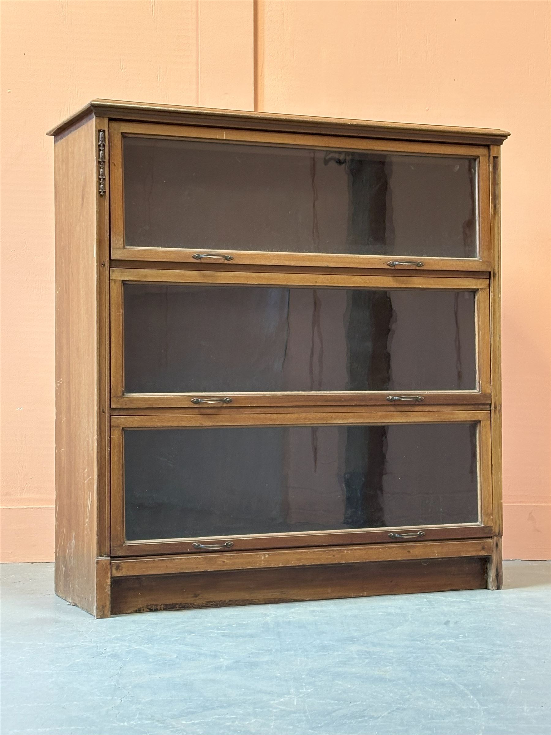 Early 20th century mahogany three height barristers bookcase with glazed up and over doors. H110cm, W103cm, D39cm. - COLLECTION BY APPOINTMENT FROM: The White House, Thirsk Road, Easingwold, York, YO61 3NF - CALL 01723 507111 TO ARRANGE