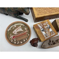 Two Greek Kerameikos plates together with a Kepamik plate and other Grecian style ceramics, carved African figures and treen, boxes etc 