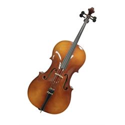 3/4 size student cello manufactured in Czechoslovakia, with bow and soft case, back length 69cm, total length 114cm