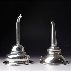 18th century Sheffield plate wine funnel by Roberts, Cadman & Co with bell mark, two other plated wine funnels and a Victorian plated bottle coaster by Elkington & Co with pierced decoration and turned wooden base (4) 