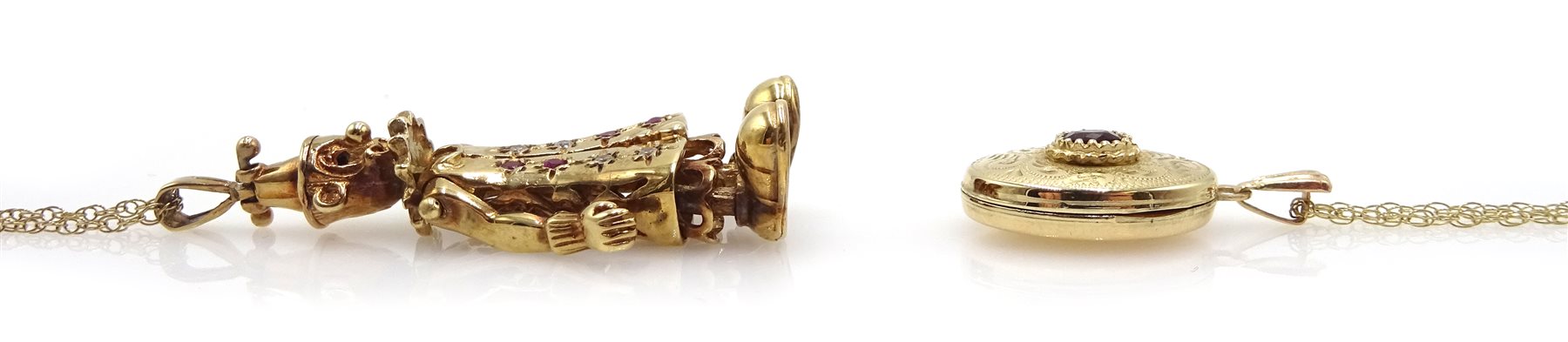 Gold stone set rag doll pendant necklace and gold garnet locket pendant necklace, all 9ct hallmarked or stamped