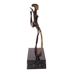 John Huggins FRBS (British 1938): 'Girl with Hoop', bronze sculpture upon black lacquered wooden base, H34cm