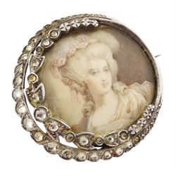 Three 19th century silver portrait brooches, each set with miniatures of women in 18th century dress on ivory, two with seed pearl surrounds and the other within a foliate paste set surround. This lot has been registered for sale under Section 10 of the APHA Ivory Act