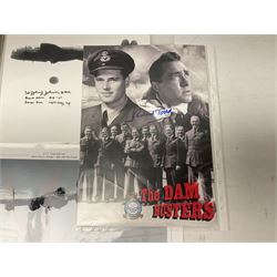 Dambusters 617 Squadron memorabilia - three signed photographs of Lancaster aircraft in flight, group photograph, copy of Vickers-Armstongs letter and drawing from Barnes Wallis, The History of 617 Squadron by Sqn. Ldr. S.J. Hillier, facsimile sets of signatures, FDCs, sheet music, Richard Todd signed photograph and greeting card, etc
