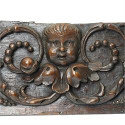 18th century oak panel carved with a cherubs head in high relief among fruit and foliage, W75cm
