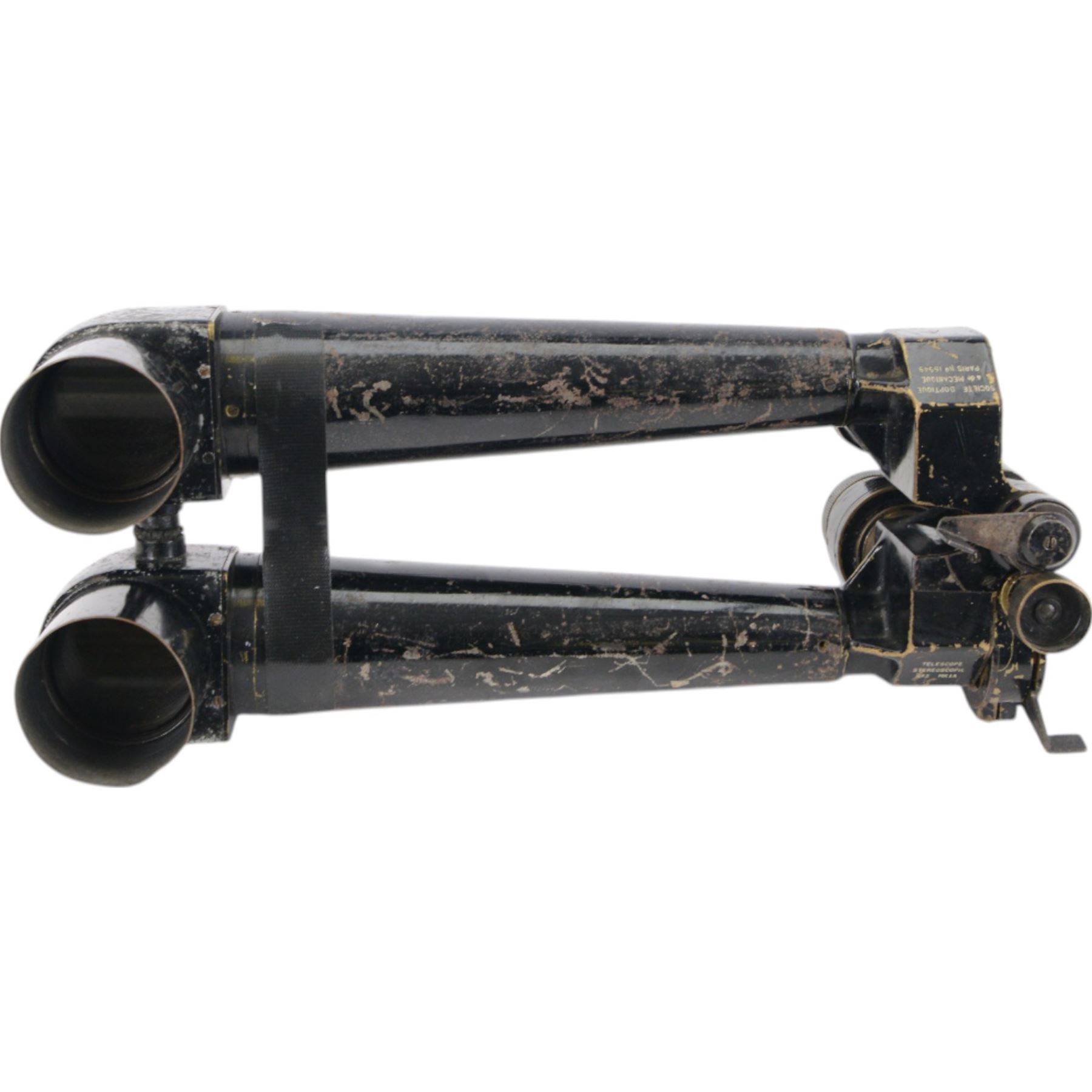 WWII French laquered brass rabbit ear trench periscope, stamped Societe D'Optique Paris No 15549 Telescope Stereoscope No 3 MKIA, with retailers stamp for Graticules A. Kershaw & Son 1938 with broad arrow mark