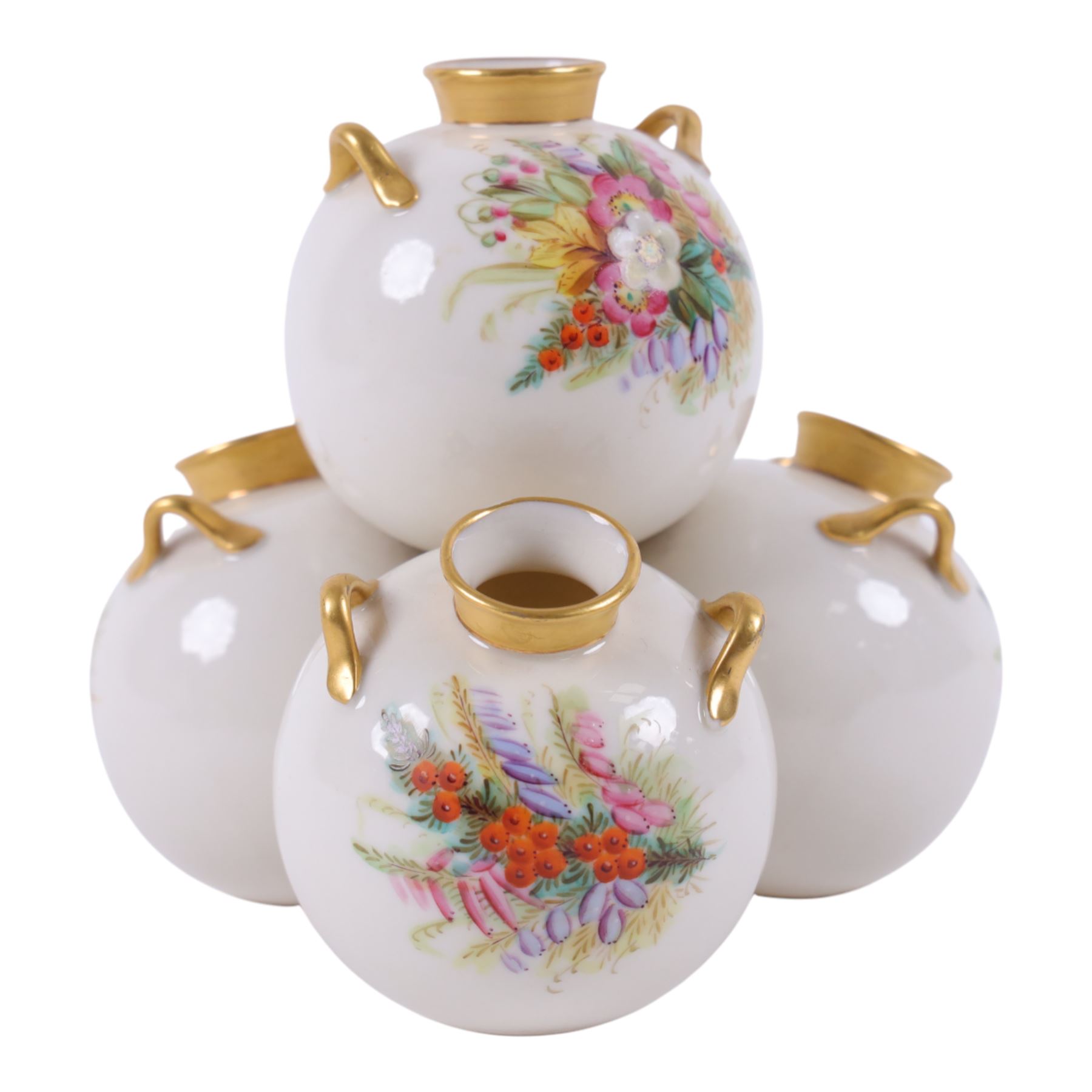 Royal Worcester spill vase, consisting of four conjoined bulbus vases, each hand painted with floral sprigs, with gilt handles and rims, with puce mark beneath, H15cm