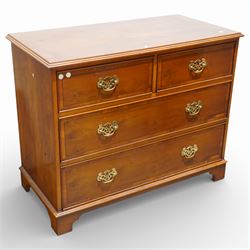 Late 20th century pair of yew wood chests of drawers, each with rectangular tops above two short over two long drawers, cockbeaded drawer fronts fitted with brass swan neck handles, raised on bracket feet